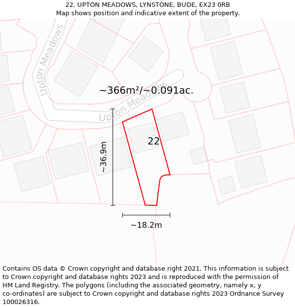 22, UPTON MEADOWS, LYNSTONE, BUDE, EX23 0RB: Plot and title map