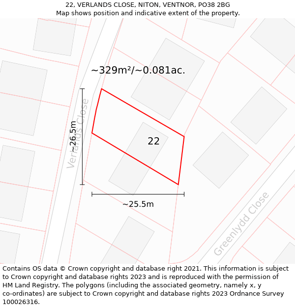 22, VERLANDS CLOSE, NITON, VENTNOR, PO38 2BG: Plot and title map