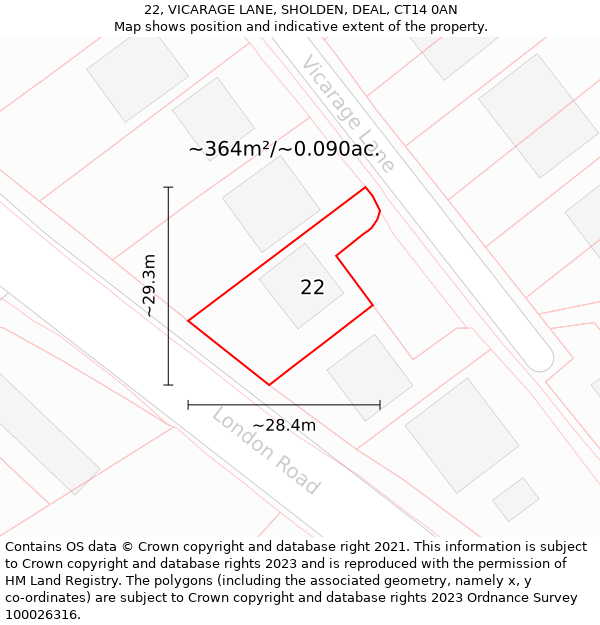 22, VICARAGE LANE, SHOLDEN, DEAL, CT14 0AN: Plot and title map