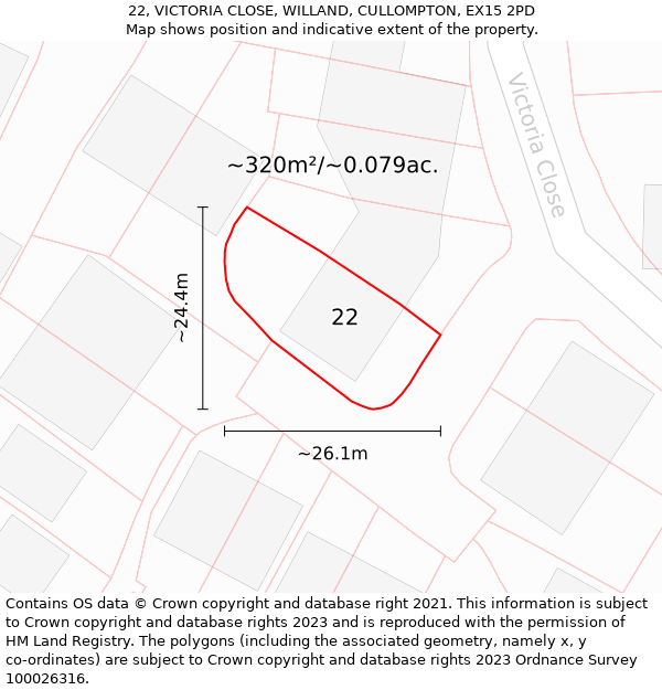 22, VICTORIA CLOSE, WILLAND, CULLOMPTON, EX15 2PD: Plot and title map