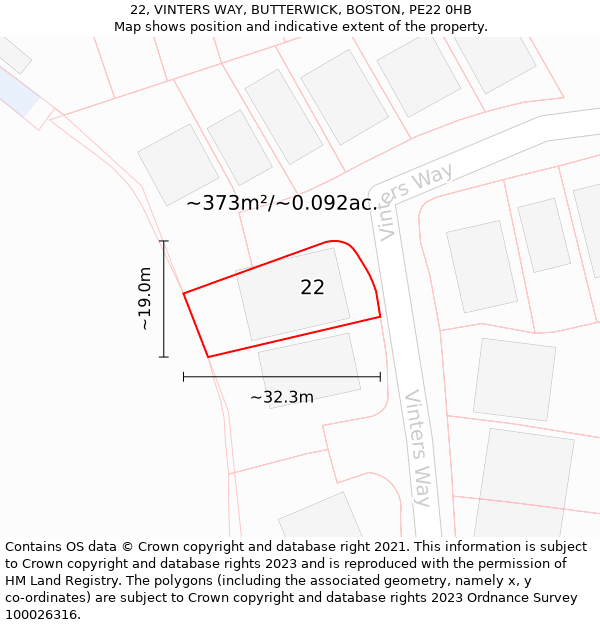 22, VINTERS WAY, BUTTERWICK, BOSTON, PE22 0HB: Plot and title map