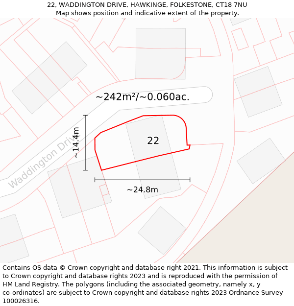 22, WADDINGTON DRIVE, HAWKINGE, FOLKESTONE, CT18 7NU: Plot and title map