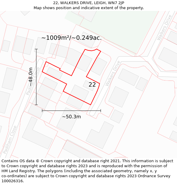 22, WALKERS DRIVE, LEIGH, WN7 2JP: Plot and title map