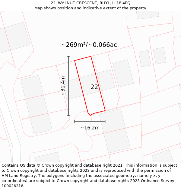 22, WALNUT CRESCENT, RHYL, LL18 4PQ: Plot and title map