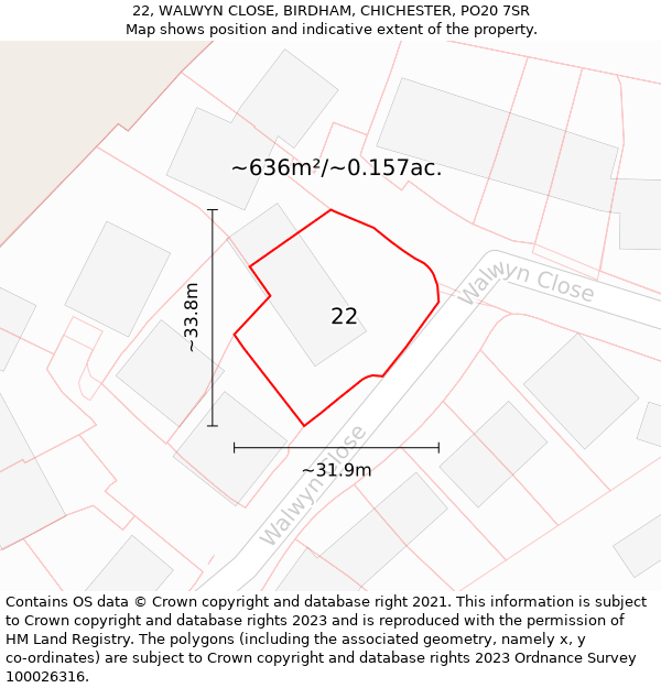 22, WALWYN CLOSE, BIRDHAM, CHICHESTER, PO20 7SR: Plot and title map