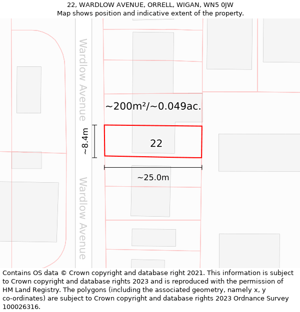 22, WARDLOW AVENUE, ORRELL, WIGAN, WN5 0JW: Plot and title map