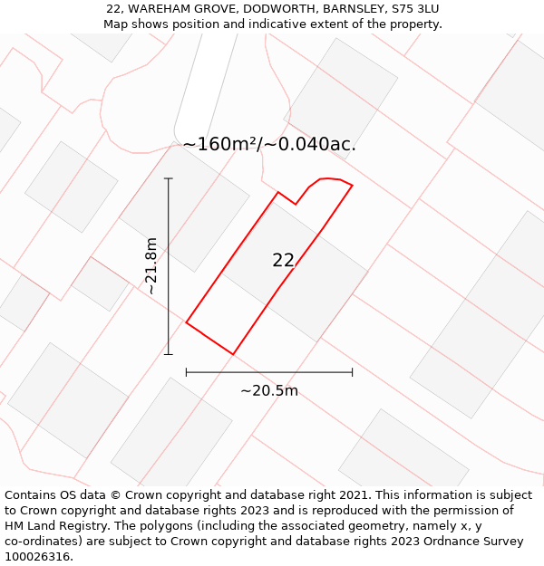 22, WAREHAM GROVE, DODWORTH, BARNSLEY, S75 3LU: Plot and title map