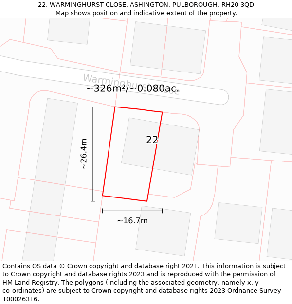 22, WARMINGHURST CLOSE, ASHINGTON, PULBOROUGH, RH20 3QD: Plot and title map