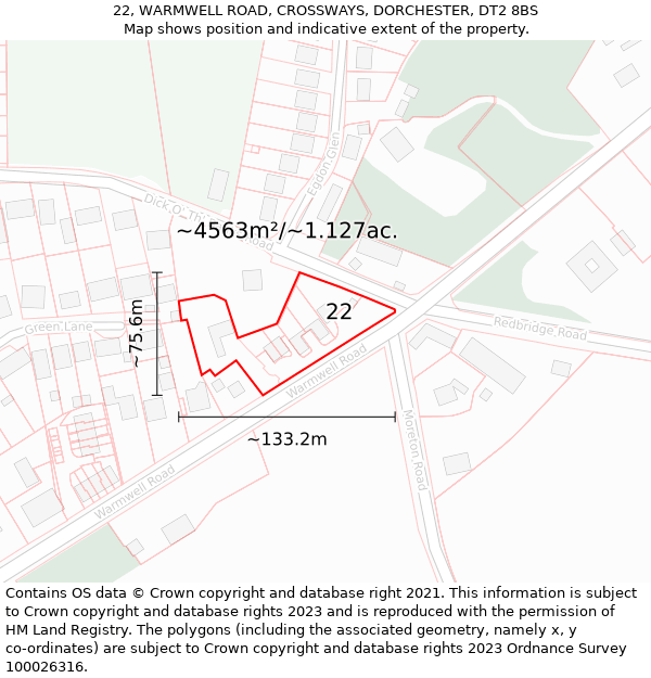 22, WARMWELL ROAD, CROSSWAYS, DORCHESTER, DT2 8BS: Plot and title map