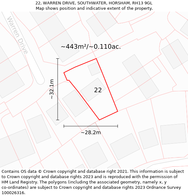 22, WARREN DRIVE, SOUTHWATER, HORSHAM, RH13 9GL: Plot and title map