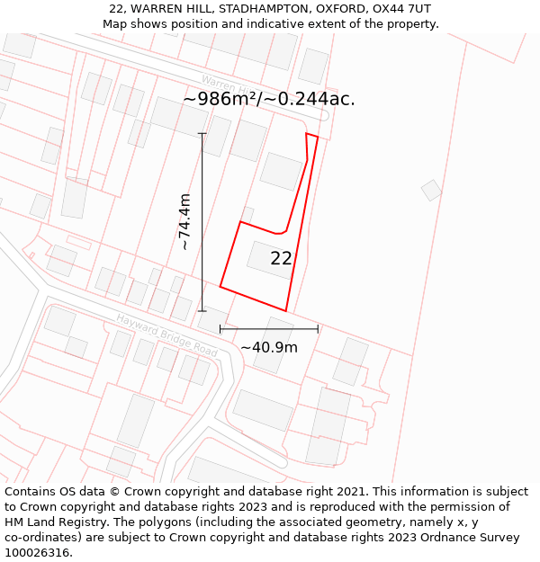 22, WARREN HILL, STADHAMPTON, OXFORD, OX44 7UT: Plot and title map