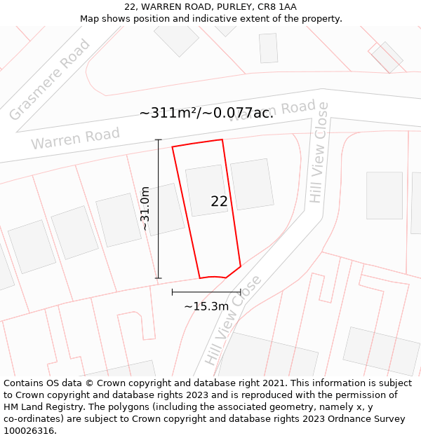 22, WARREN ROAD, PURLEY, CR8 1AA: Plot and title map
