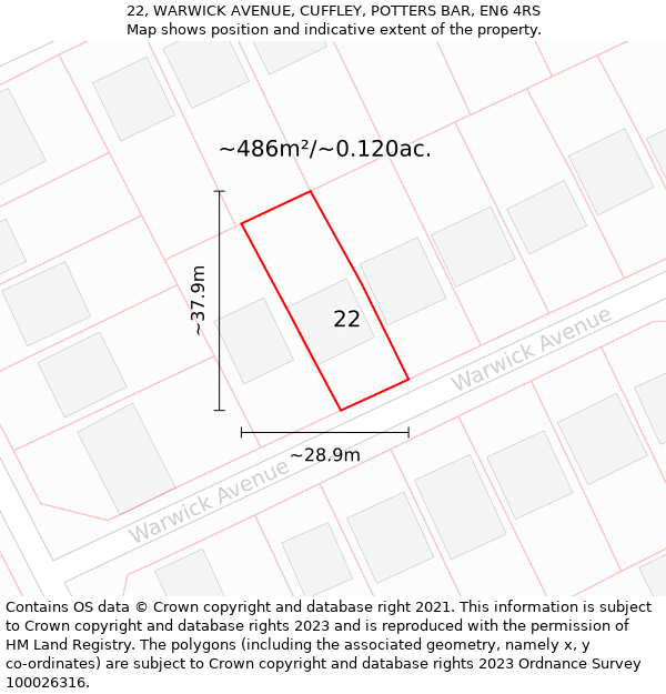 22, WARWICK AVENUE, CUFFLEY, POTTERS BAR, EN6 4RS: Plot and title map