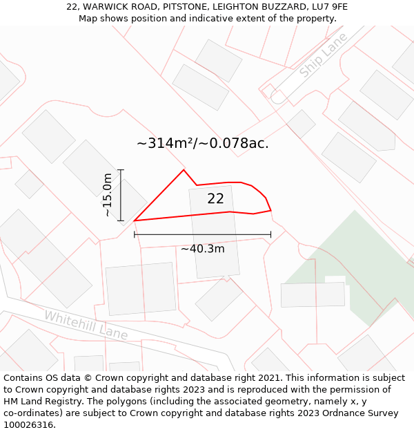 22, WARWICK ROAD, PITSTONE, LEIGHTON BUZZARD, LU7 9FE: Plot and title map