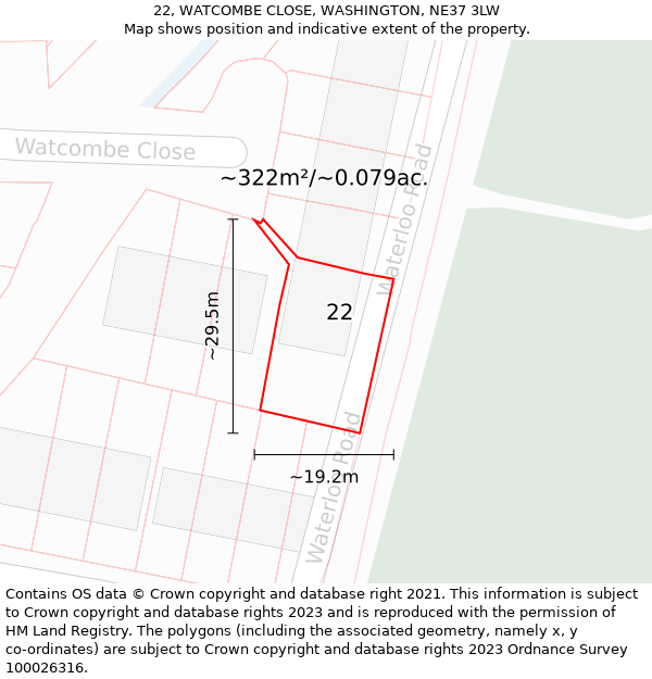 22, WATCOMBE CLOSE, WASHINGTON, NE37 3LW: Plot and title map