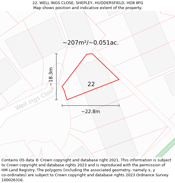 22, WELL INGS CLOSE, SHEPLEY, HUDDERSFIELD, HD8 8FG: Plot and title map