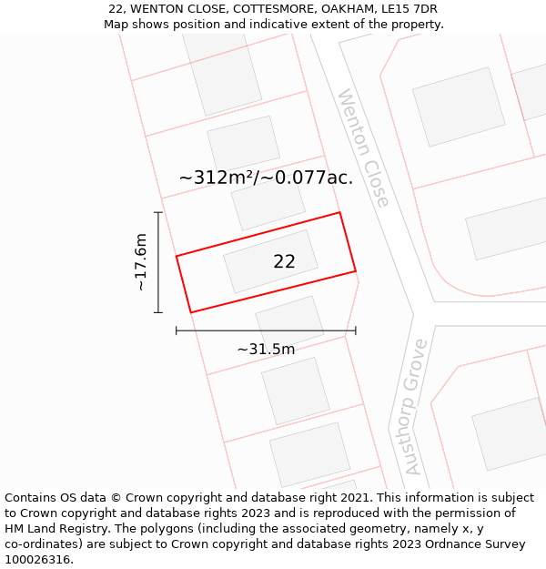 22, WENTON CLOSE, COTTESMORE, OAKHAM, LE15 7DR: Plot and title map