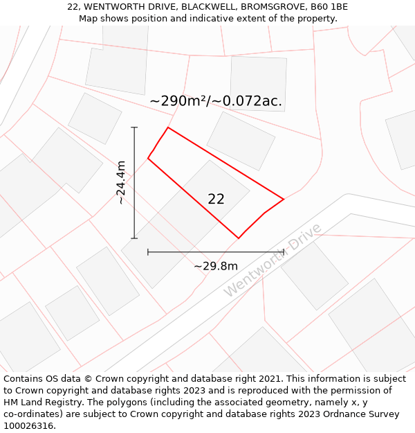 22, WENTWORTH DRIVE, BLACKWELL, BROMSGROVE, B60 1BE: Plot and title map