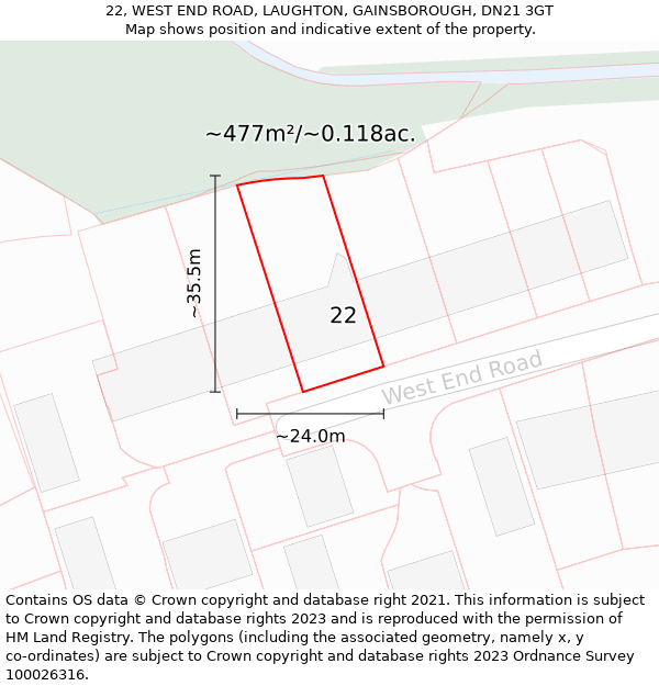 22, WEST END ROAD, LAUGHTON, GAINSBOROUGH, DN21 3GT: Plot and title map