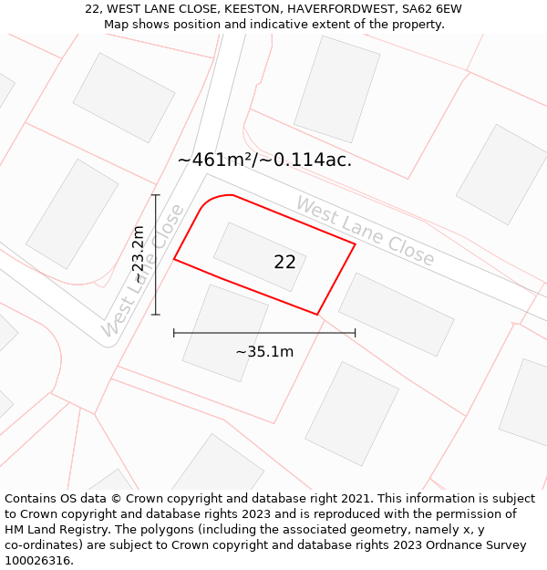 22, WEST LANE CLOSE, KEESTON, HAVERFORDWEST, SA62 6EW: Plot and title map