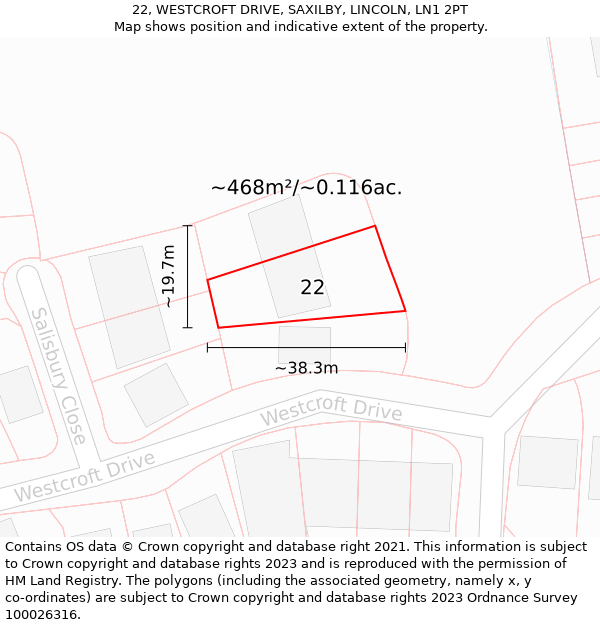 22, WESTCROFT DRIVE, SAXILBY, LINCOLN, LN1 2PT: Plot and title map