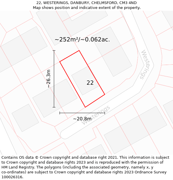 22, WESTERINGS, DANBURY, CHELMSFORD, CM3 4ND: Plot and title map