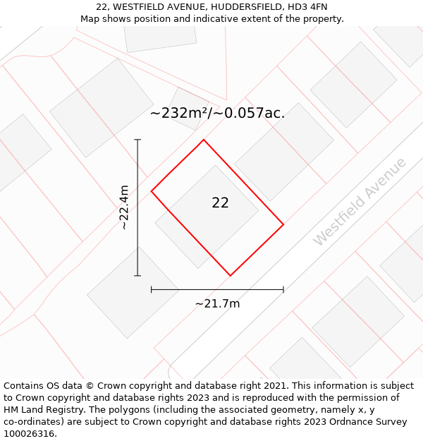 22, WESTFIELD AVENUE, HUDDERSFIELD, HD3 4FN: Plot and title map