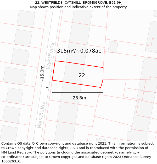 22, WESTFIELDS, CATSHILL, BROMSGROVE, B61 9HJ: Plot and title map