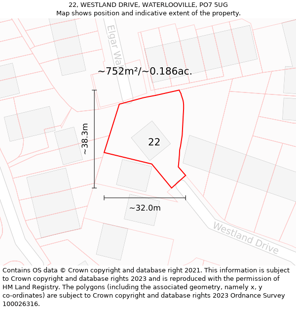 22, WESTLAND DRIVE, WATERLOOVILLE, PO7 5UG: Plot and title map