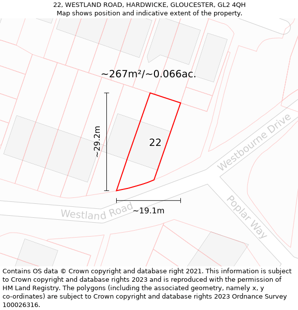 22, WESTLAND ROAD, HARDWICKE, GLOUCESTER, GL2 4QH: Plot and title map
