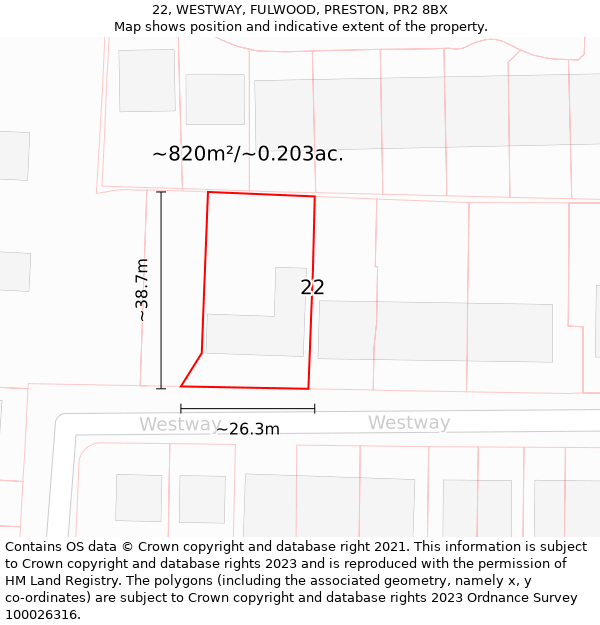 22, WESTWAY, FULWOOD, PRESTON, PR2 8BX: Plot and title map