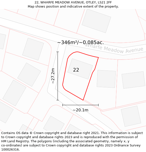 22, WHARFE MEADOW AVENUE, OTLEY, LS21 2FF: Plot and title map