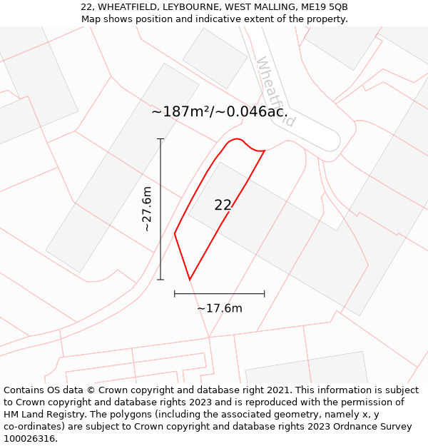 22, WHEATFIELD, LEYBOURNE, WEST MALLING, ME19 5QB: Plot and title map
