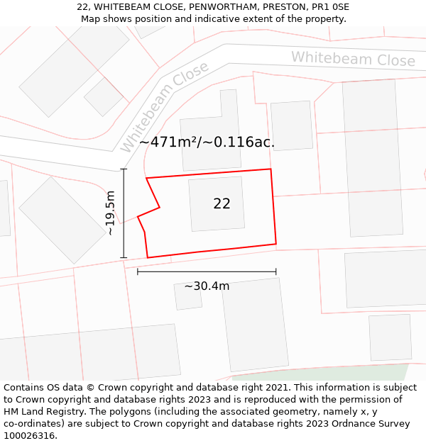22, WHITEBEAM CLOSE, PENWORTHAM, PRESTON, PR1 0SE: Plot and title map