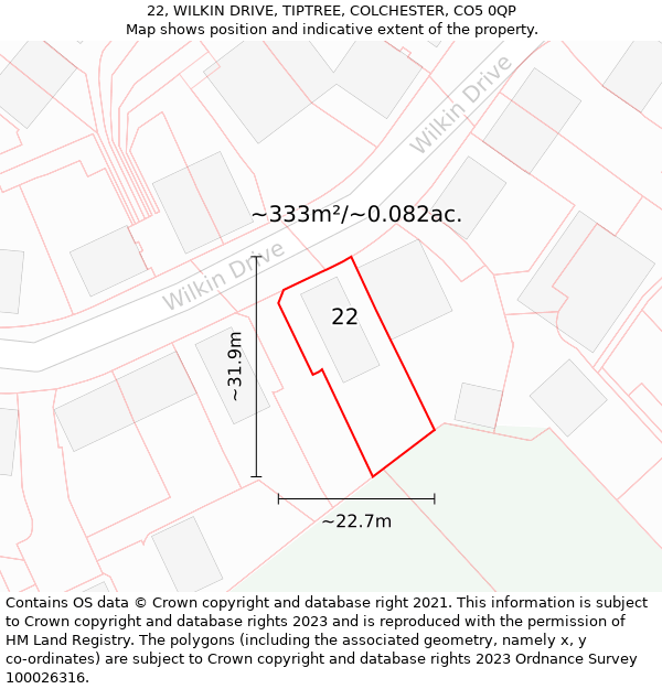 22, WILKIN DRIVE, TIPTREE, COLCHESTER, CO5 0QP: Plot and title map