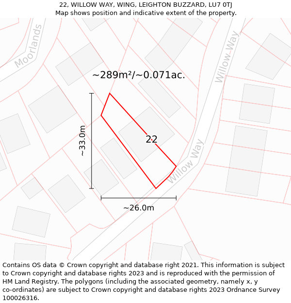 22, WILLOW WAY, WING, LEIGHTON BUZZARD, LU7 0TJ: Plot and title map