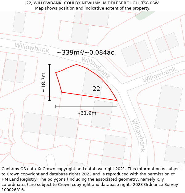 22, WILLOWBANK, COULBY NEWHAM, MIDDLESBROUGH, TS8 0SW: Plot and title map