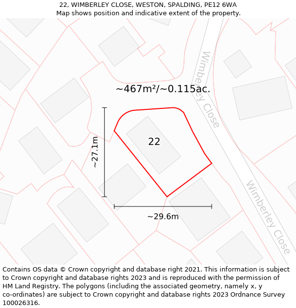 22, WIMBERLEY CLOSE, WESTON, SPALDING, PE12 6WA: Plot and title map