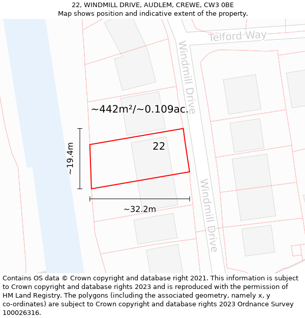 22, WINDMILL DRIVE, AUDLEM, CREWE, CW3 0BE: Plot and title map