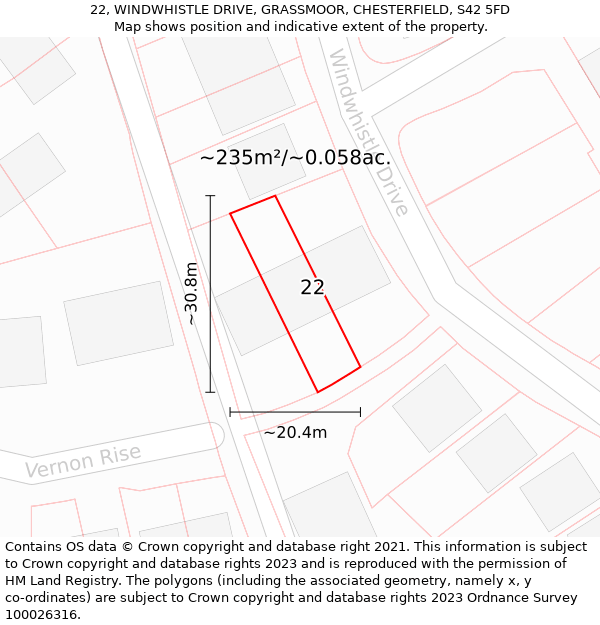 22, WINDWHISTLE DRIVE, GRASSMOOR, CHESTERFIELD, S42 5FD: Plot and title map