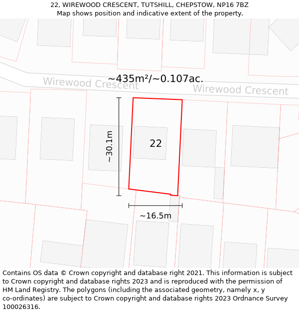 22, WIREWOOD CRESCENT, TUTSHILL, CHEPSTOW, NP16 7BZ: Plot and title map
