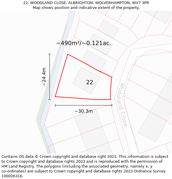 22, WOODLAND CLOSE, ALBRIGHTON, WOLVERHAMPTON, WV7 3PR: Plot and title map