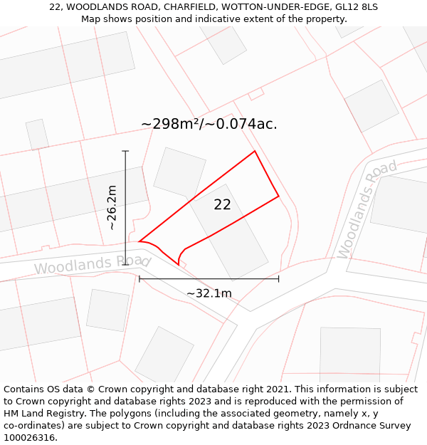 22, WOODLANDS ROAD, CHARFIELD, WOTTON-UNDER-EDGE, GL12 8LS: Plot and title map