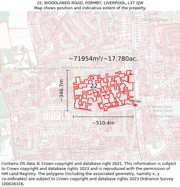 22, WOODLANDS ROAD, FORMBY, LIVERPOOL, L37 2JW: Plot and title map
