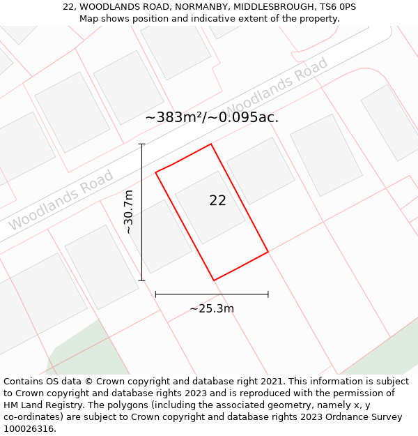 22, WOODLANDS ROAD, NORMANBY, MIDDLESBROUGH, TS6 0PS: Plot and title map