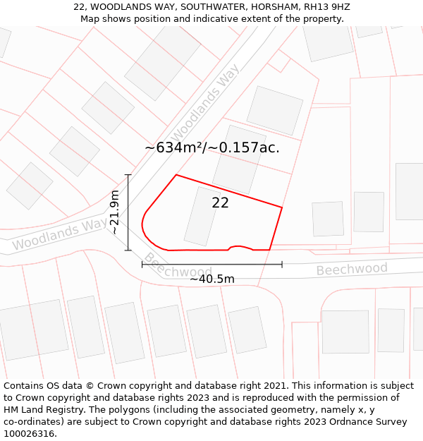 22, WOODLANDS WAY, SOUTHWATER, HORSHAM, RH13 9HZ: Plot and title map