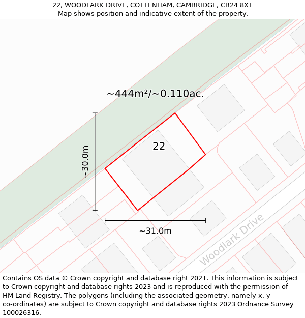 22, WOODLARK DRIVE, COTTENHAM, CAMBRIDGE, CB24 8XT: Plot and title map