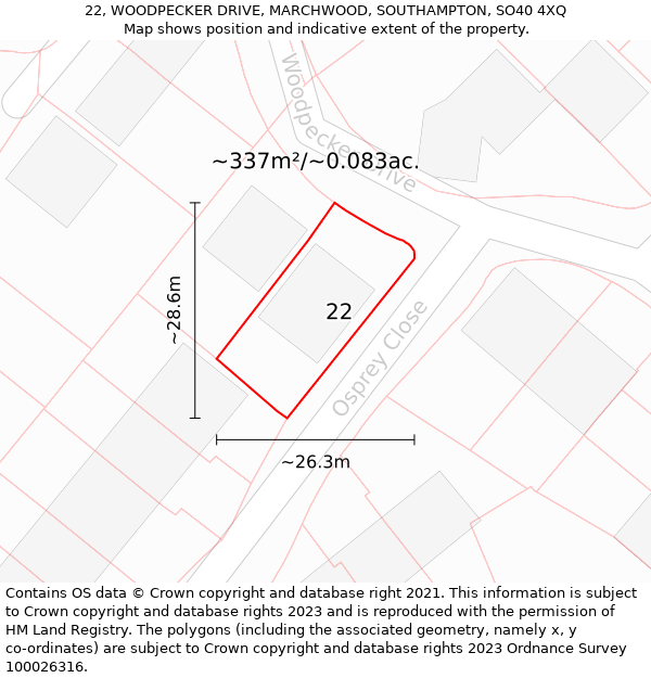 22, WOODPECKER DRIVE, MARCHWOOD, SOUTHAMPTON, SO40 4XQ: Plot and title map