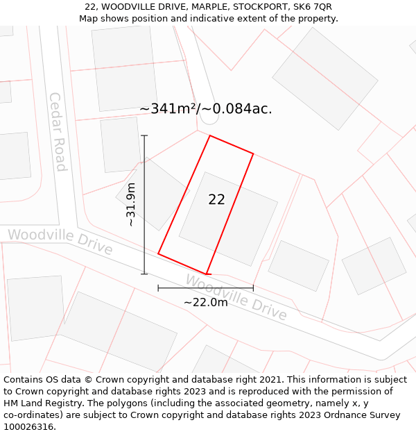 22, WOODVILLE DRIVE, MARPLE, STOCKPORT, SK6 7QR: Plot and title map