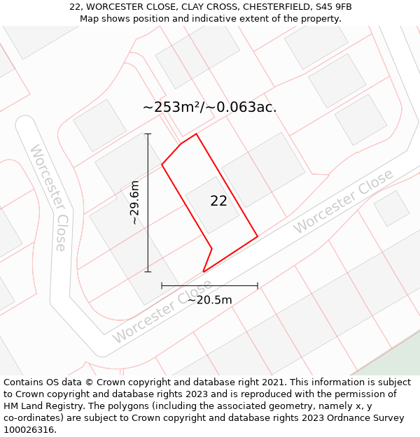 22, WORCESTER CLOSE, CLAY CROSS, CHESTERFIELD, S45 9FB: Plot and title map